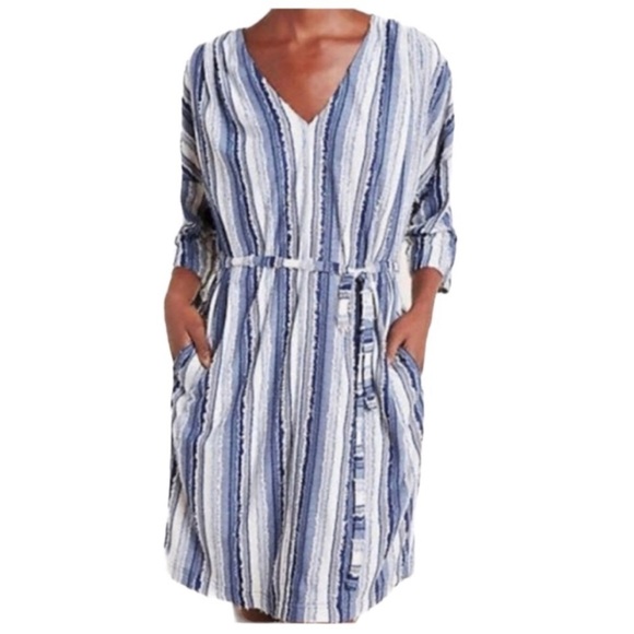 Anthropologie Porridge Striped Textured Dress Blue White Medium - Picture 1 of 7